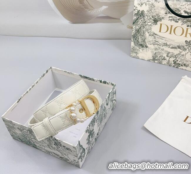 Top Quality Dior Oblique Leather Belt 3cm with Pearls CD Buckle 0108 White/Gold 2025