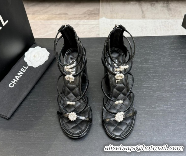 Classic Hot Chanel Calfskin Heel Strap Sandals with Pearl Bloom Gold CH0307 Black 2026