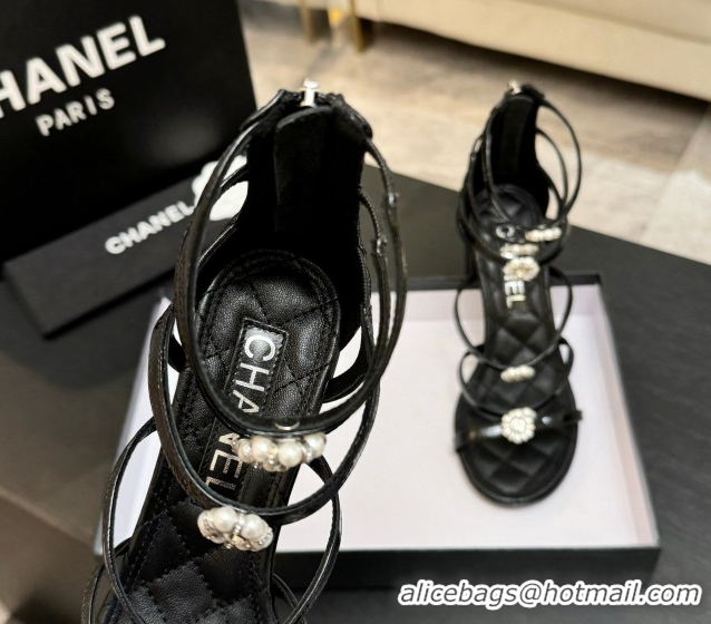 Classic Hot Chanel Calfskin Heel Strap Sandals with Pearl Bloom Gold CH0307 Black 2026
