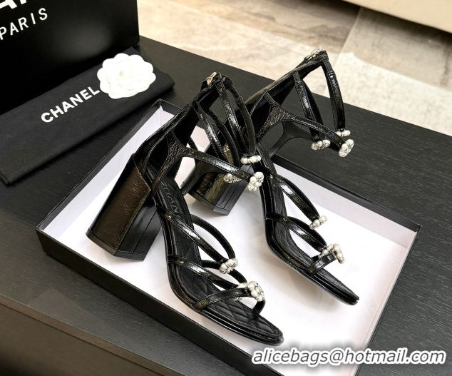 Classic Hot Chanel Calfskin Heel Strap Sandals with Pearl Bloom Gold CH0307 Black 2026