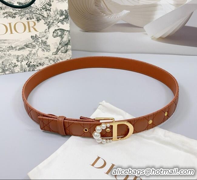 Discount Dior Oblique Leather Belt 3cm with Pearls CD Buckle 0108 Brown/Gold 2025