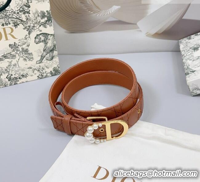 Discount Dior Oblique Leather Belt 3cm with Pearls CD Buckle 0108 Brown/Gold 2025