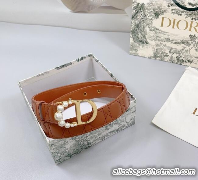 Discount Dior Oblique Leather Belt 3cm with Pearls CD Buckle 0108 Brown/Gold 2025