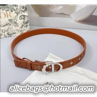 Low Price Dior Oblique Leather Belt 3cm with Pearls CD Buckle 0108 Brown/Silver 2025