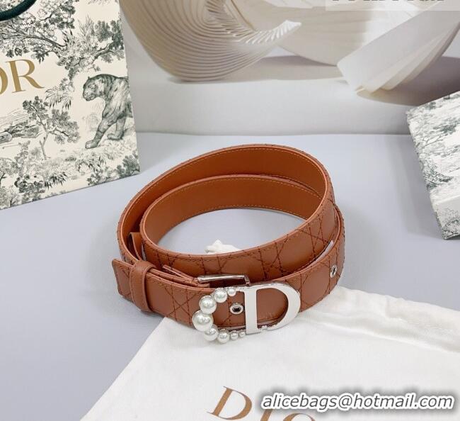 Low Price Dior Oblique Leather Belt 3cm with Pearls CD Buckle 0108 Brown/Silver 2025