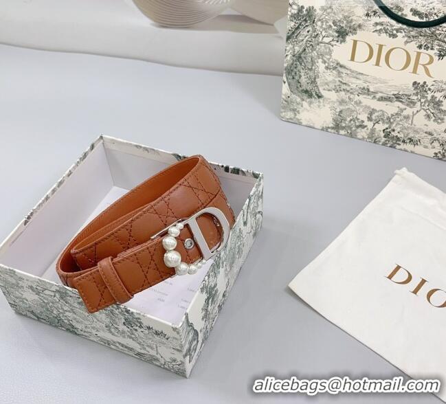 Low Price Dior Oblique Leather Belt 3cm with Pearls CD Buckle 0108 Brown/Silver 2025