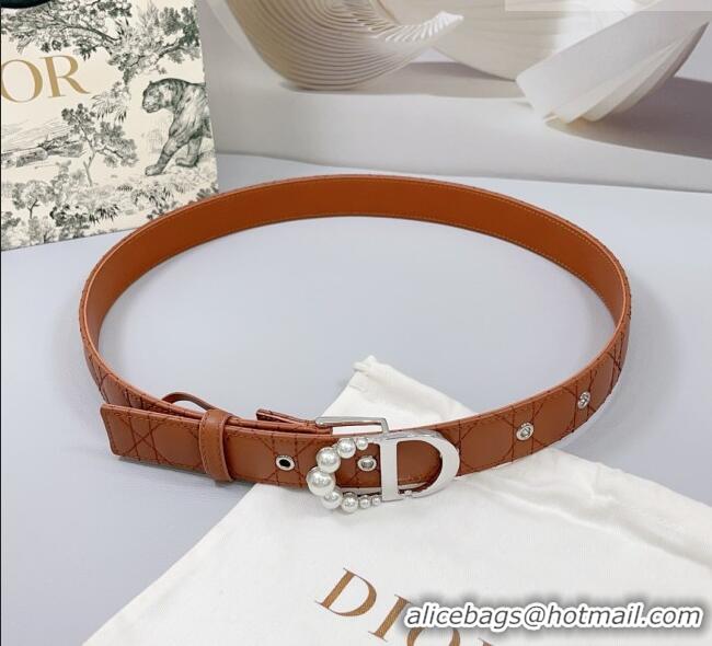 Low Price Dior Oblique Leather Belt 3cm with Pearls CD Buckle 0108 Brown/Silver 2025