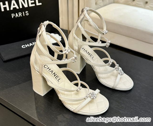 Luxury Chanel Calfskin Heel Strap Sandals with Pearl Bloom Gold CH0307 Beige 2026