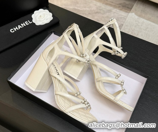 Luxury Chanel Calfskin Heel Strap Sandals with Pearl Bloom Gold CH0307 Beige 2026