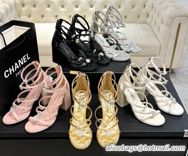 Luxury Chanel Calfskin Heel Strap Sandals with Pearl Bloom Gold CH0307 Beige 2026