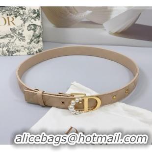 Super Quality Dior Oblique Leather Belt 3cm with Pearls CD Buckle 0108 Beige/Gold 2025