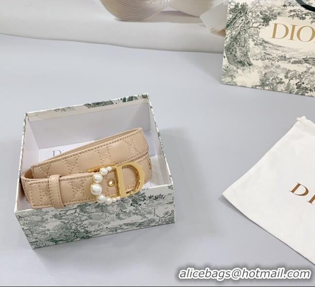 Super Quality Dior Oblique Leather Belt 3cm with Pearls CD Buckle 0108 Beige/Gold 2025