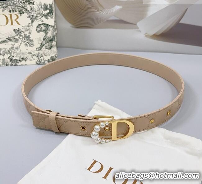 Super Quality Dior Oblique Leather Belt 3cm with Pearls CD Buckle 0108 Beige/Gold 2025