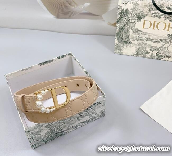 Super Quality Dior Oblique Leather Belt 3cm with Pearls CD Buckle 0108 Beige/Gold 2025