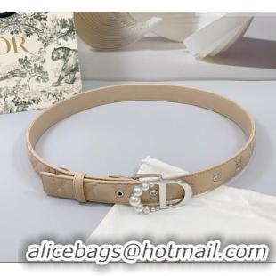 Unique Discount Dior Oblique Leather Belt 3cm with Pearls CD Buckle 0108 Beige/Silver 2025