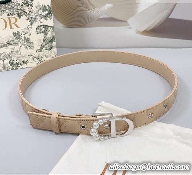 Unique Discount Dior Oblique Leather Belt 3cm with Pearls CD Buckle 0108 Beige/Silver 2025