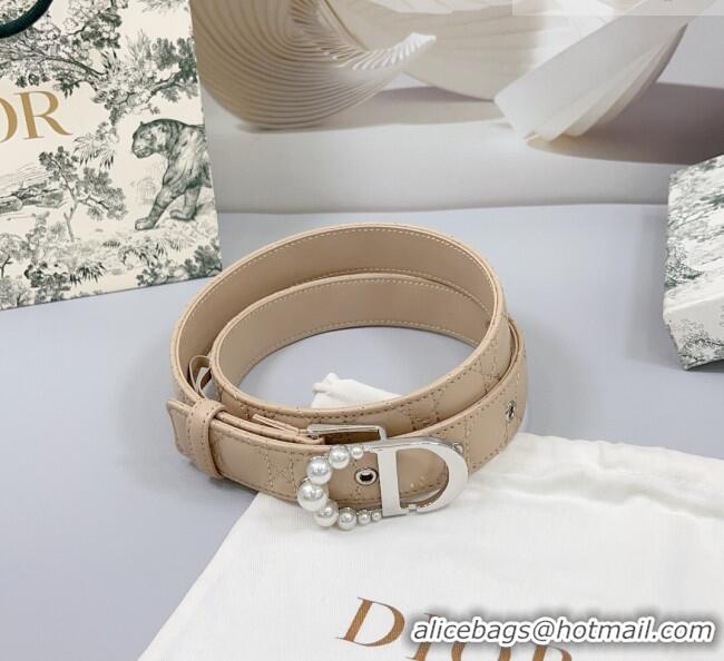 Unique Discount Dior Oblique Leather Belt 3cm with Pearls CD Buckle 0108 Beige/Silver 2025