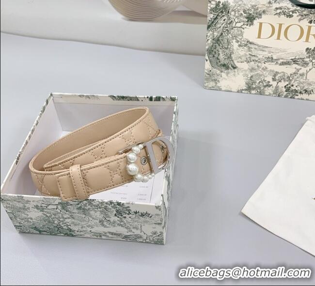 Unique Discount Dior Oblique Leather Belt 3cm with Pearls CD Buckle 0108 Beige/Silver 2025