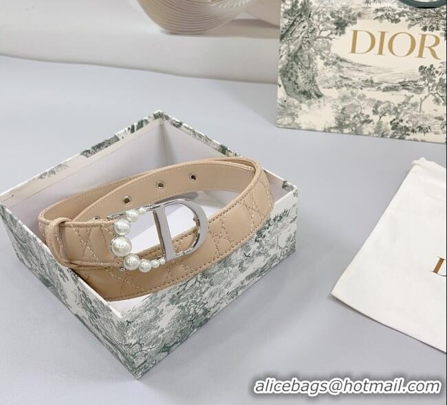 Unique Discount Dior Oblique Leather Belt 3cm with Pearls CD Buckle 0108 Beige/Silver 2025