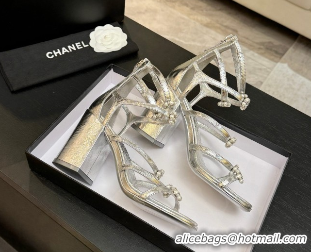 Shop Duplicate Chanel Calfskin Heel Strap Sandals with Pearl Bloom Gold CH0307 Silver 2026