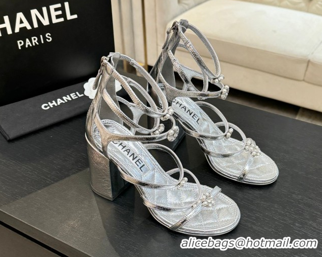 Shop Duplicate Chanel Calfskin Heel Strap Sandals with Pearl Bloom Gold CH0307 Silver 2026