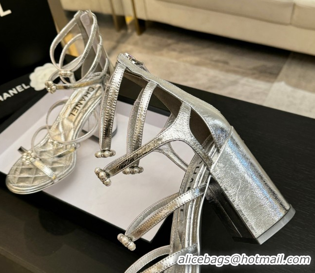 Shop Duplicate Chanel Calfskin Heel Strap Sandals with Pearl Bloom Gold CH0307 Silver 2026