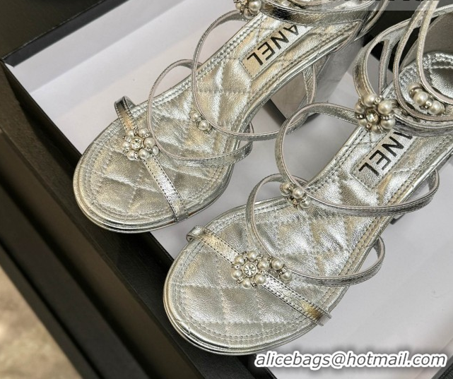 Shop Duplicate Chanel Calfskin Heel Strap Sandals with Pearl Bloom Gold CH0307 Silver 2026
