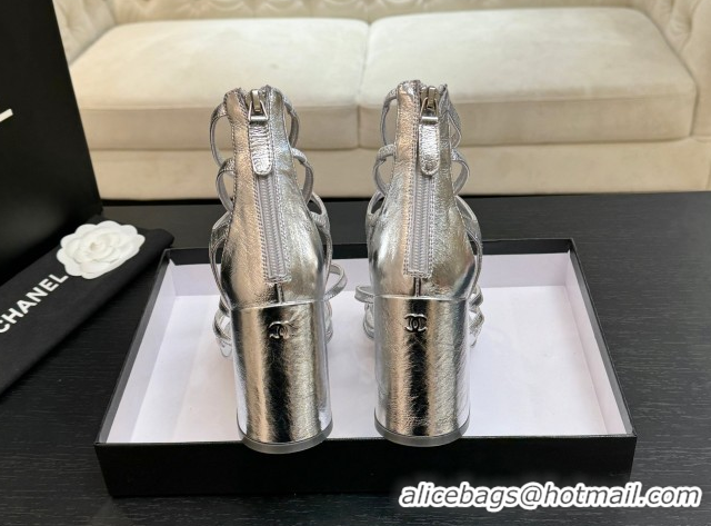 Shop Duplicate Chanel Calfskin Heel Strap Sandals with Pearl Bloom Gold CH0307 Silver 2026