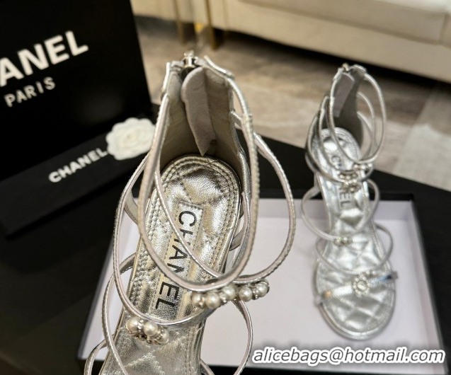 Shop Duplicate Chanel Calfskin Heel Strap Sandals with Pearl Bloom Gold CH0307 Silver 2026