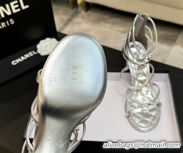 Shop Duplicate Chanel Calfskin Heel Strap Sandals with Pearl Bloom Gold CH0307 Silver 2026