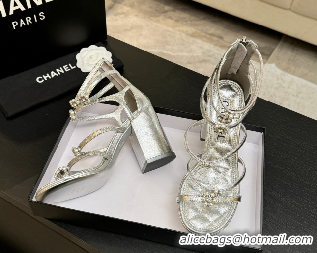 Shop Duplicate Chanel Calfskin Heel Strap Sandals with Pearl Bloom Gold CH0307 Silver 2026