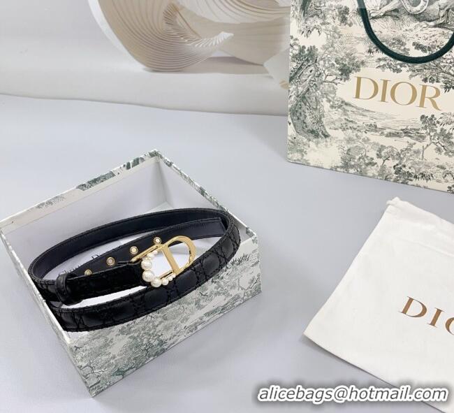 Unique Grade Dior Oblique Leather Belt 2cm with Pearls CD Buckle 0108 Black/Gold 2025