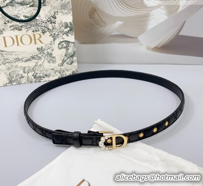 Unique Grade Dior Oblique Leather Belt 2cm with Pearls CD Buckle 0108 Black/Gold 2025