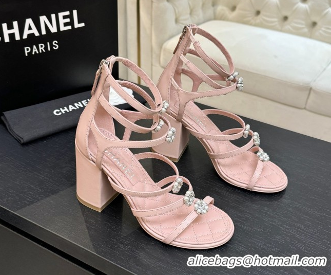 Low Price Chanel Calfskin Heel Strap Sandals with Pearl Bloom Gold CH0307 Pink 2026