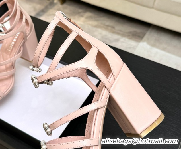 Low Price Chanel Calfskin Heel Strap Sandals with Pearl Bloom Gold CH0307 Pink 2026