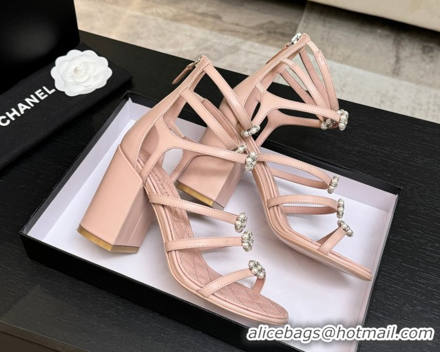Low Price Chanel Calfskin Heel Strap Sandals with Pearl Bloom Gold CH0307 Pink 2026