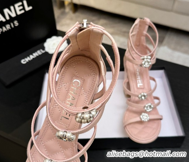 Low Price Chanel Calfskin Heel Strap Sandals with Pearl Bloom Gold CH0307 Pink 2026