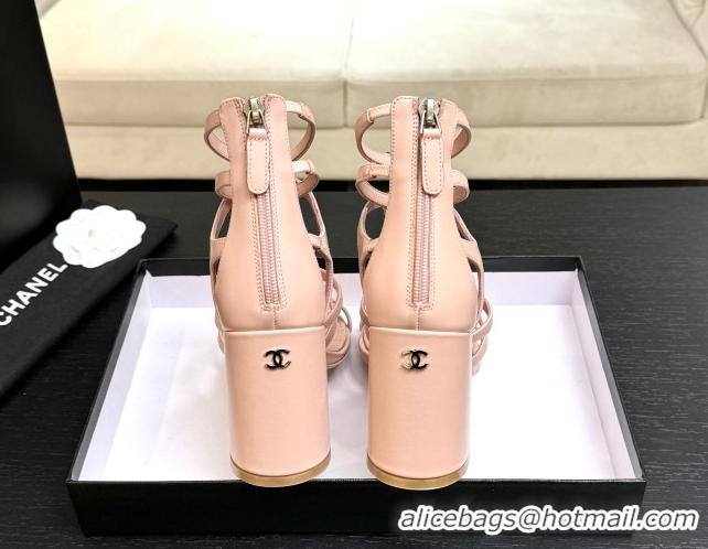 Low Price Chanel Calfskin Heel Strap Sandals with Pearl Bloom Gold CH0307 Pink 2026