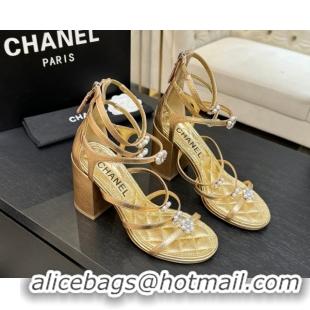 Low Cost Chanel Calfskin Heel Strap Sandals with Pearl Bloom Gold CH0307 Gold 2026