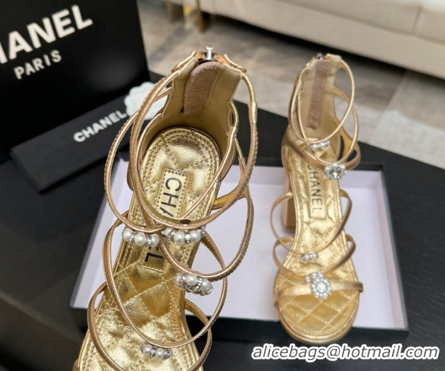 Low Cost Chanel Calfskin Heel Strap Sandals with Pearl Bloom Gold CH0307 Gold 2026