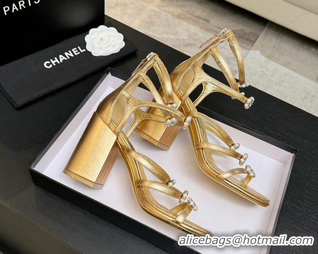 Low Cost Chanel Calfskin Heel Strap Sandals with Pearl Bloom Gold CH0307 Gold 2026