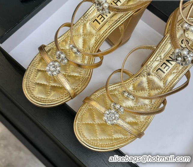 Low Cost Chanel Calfskin Heel Strap Sandals with Pearl Bloom Gold CH0307 Gold 2026