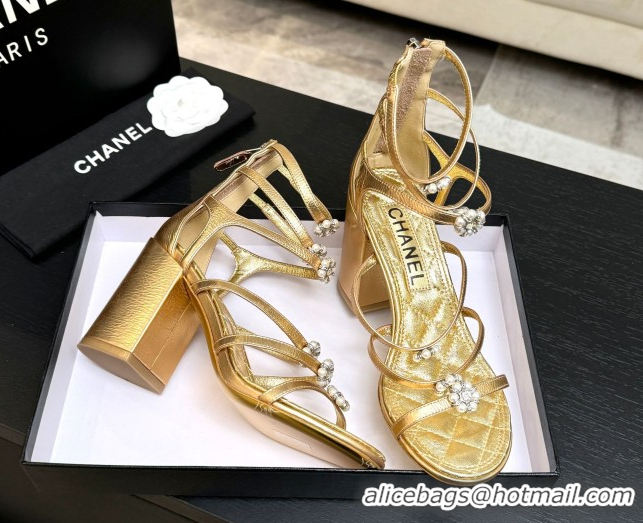 Low Cost Chanel Calfskin Heel Strap Sandals with Pearl Bloom Gold CH0307 Gold 2026