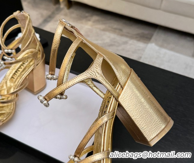 Low Cost Chanel Calfskin Heel Strap Sandals with Pearl Bloom Gold CH0307 Gold 2026