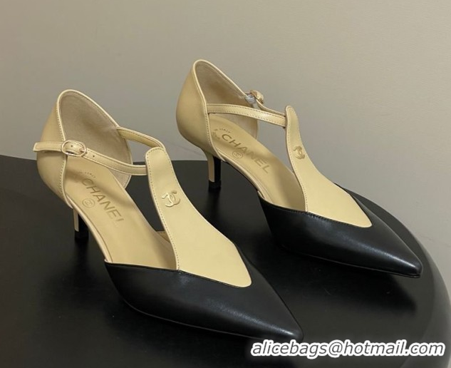 Luxurious Chanel Lambskin Leather Pumps 7.5cm CH030707 Beige/Black 2026