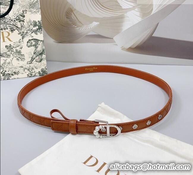 Best Quality Dior Oblique Leather Belt 2cm with Pearls CD Buckle 0108 Brown/Silver 2025
