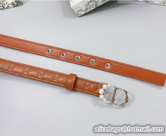 Best Quality Dior Oblique Leather Belt 2cm with Pearls CD Buckle 0108 Brown/Silver 2025