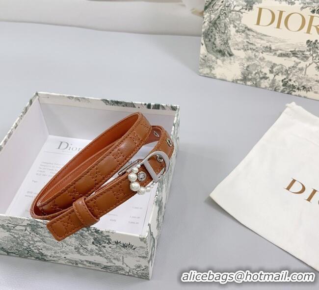 Best Quality Dior Oblique Leather Belt 2cm with Pearls CD Buckle 0108 Brown/Silver 2025