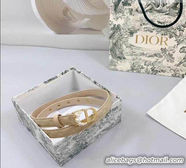 Top Quality Dior Oblique Leather Belt 2cm with Pearls CD Buckle 0108 Beige/Gold 2025
