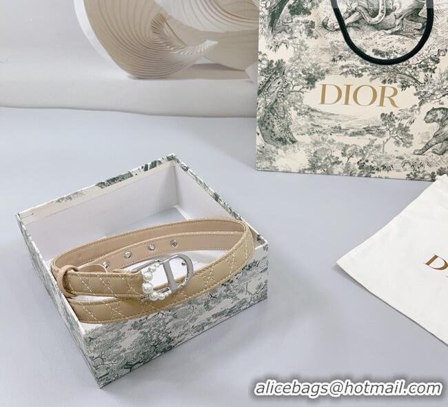 Luxury Discount Dior Oblique Leather Belt 2cm with Pearls CD Buckle 0108 Beige/Silver 2025